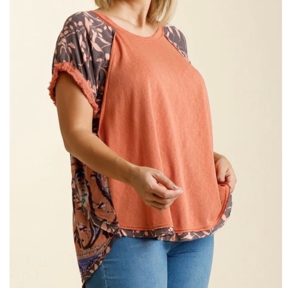 Umgee Fringe Aztec Short Sleeve Blouse In Clay. NWT!